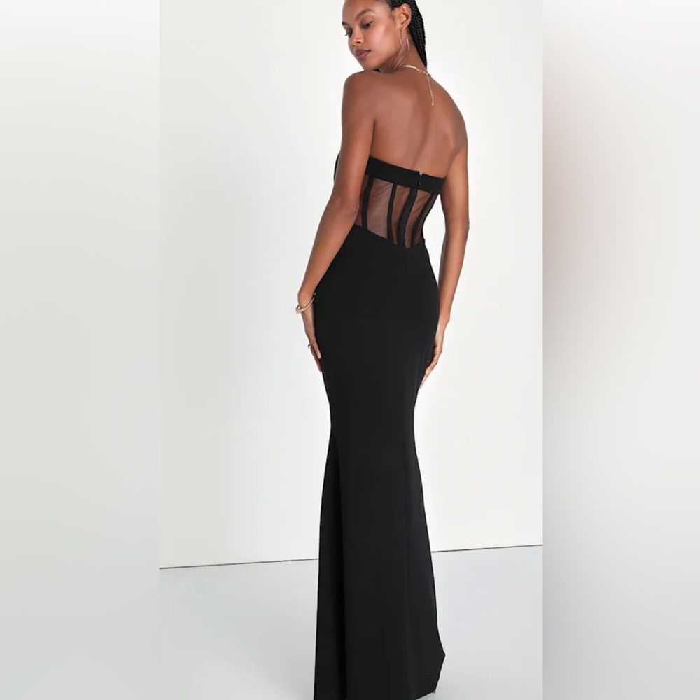 NWT black strapless corset style mesh sheer back formal dress S
